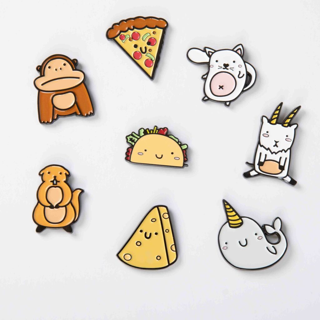 Images of complete enamel pin set of eight